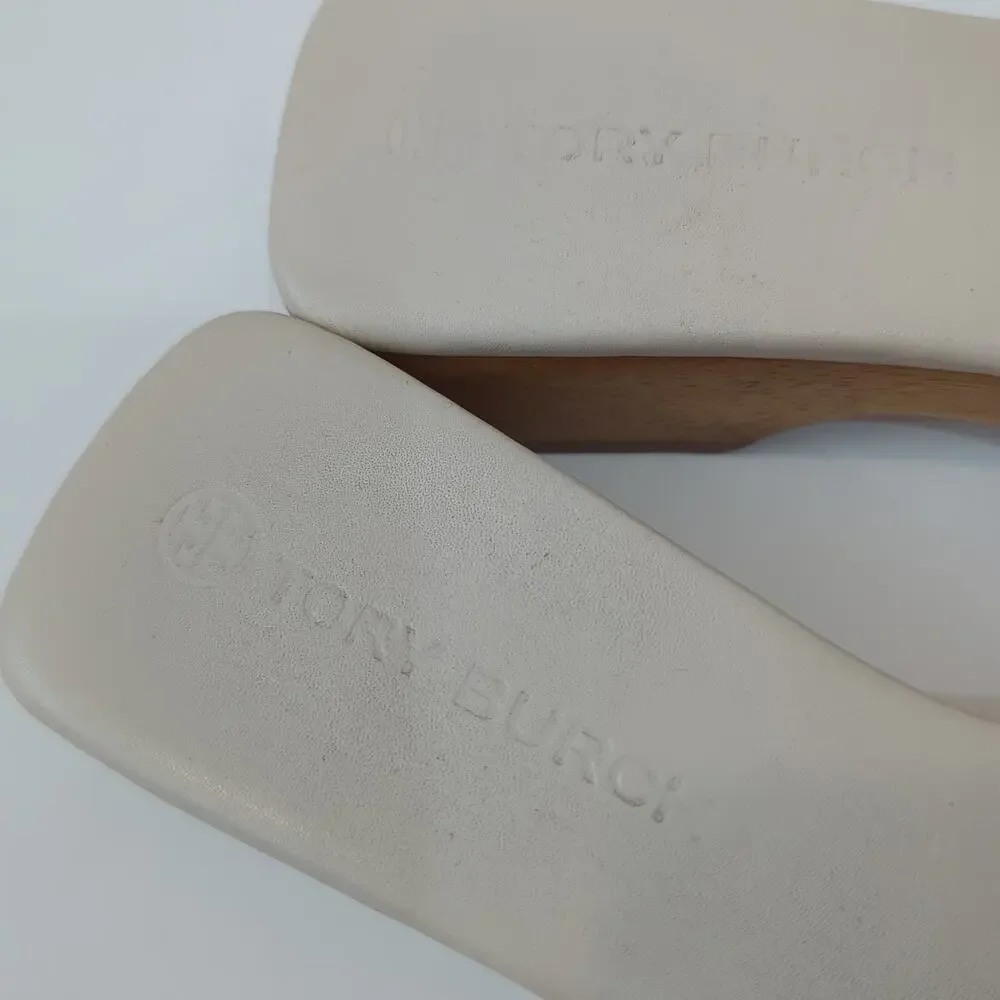 Tory Burch Basket Weave Clog In Almond Flour Cream 8.5 Women's Square Toe Sandal